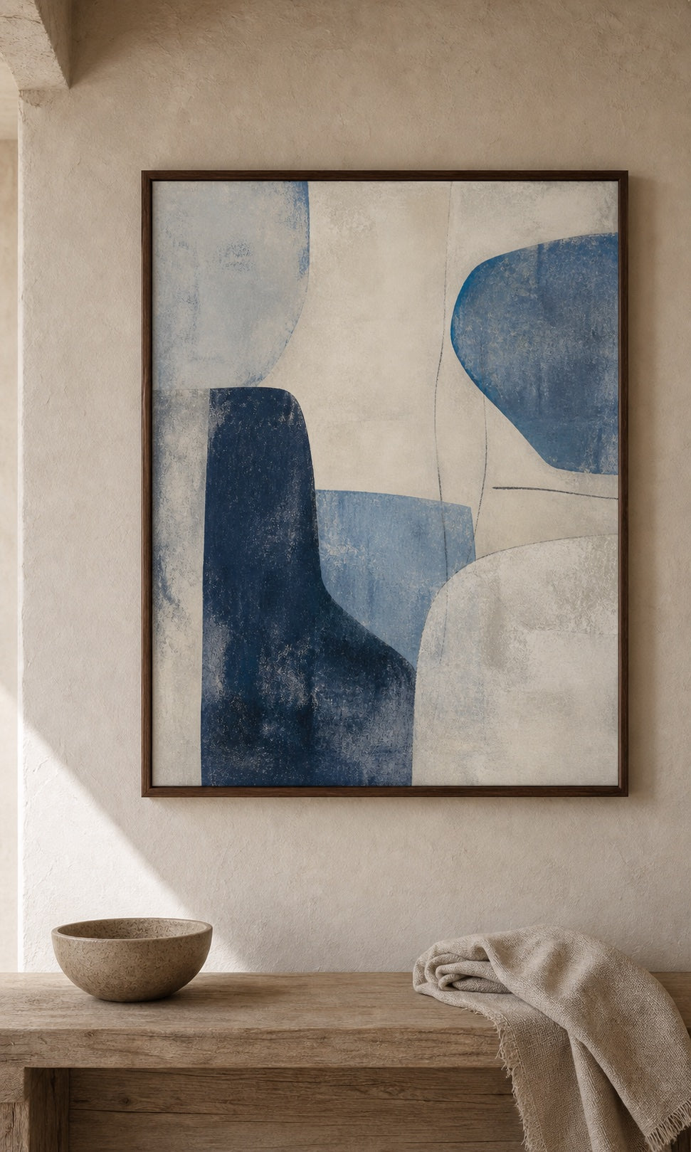 Patina Blue artwork styled with natural linen and a stoneware bowl