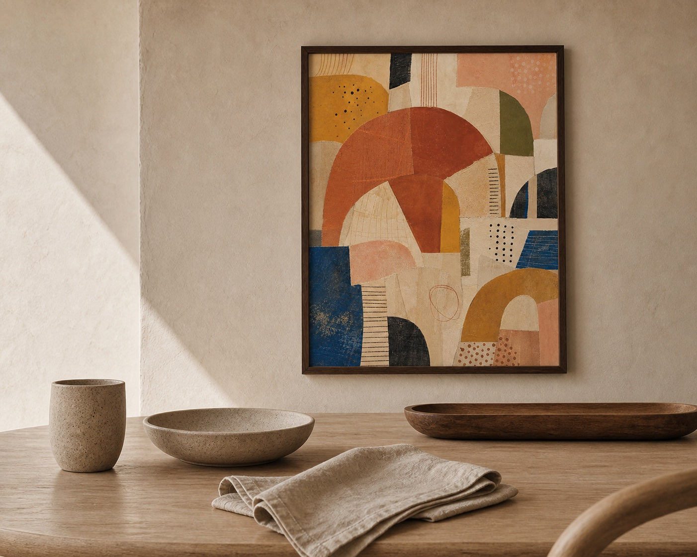 Sunlit Mosaic artwork above a pale timber table with quiet ceramic objects