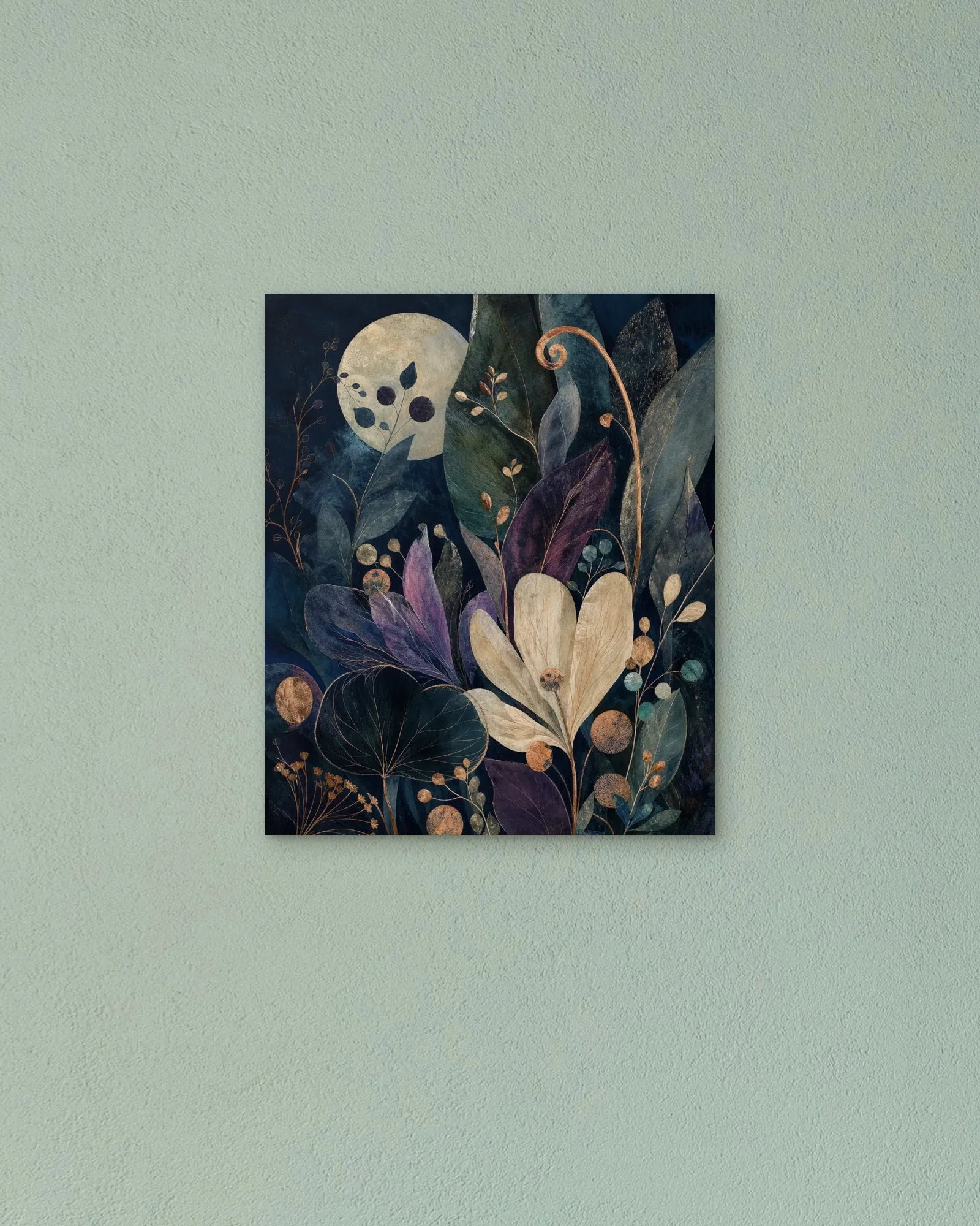 Midnight Garden I dark botanical print in a low-lit room