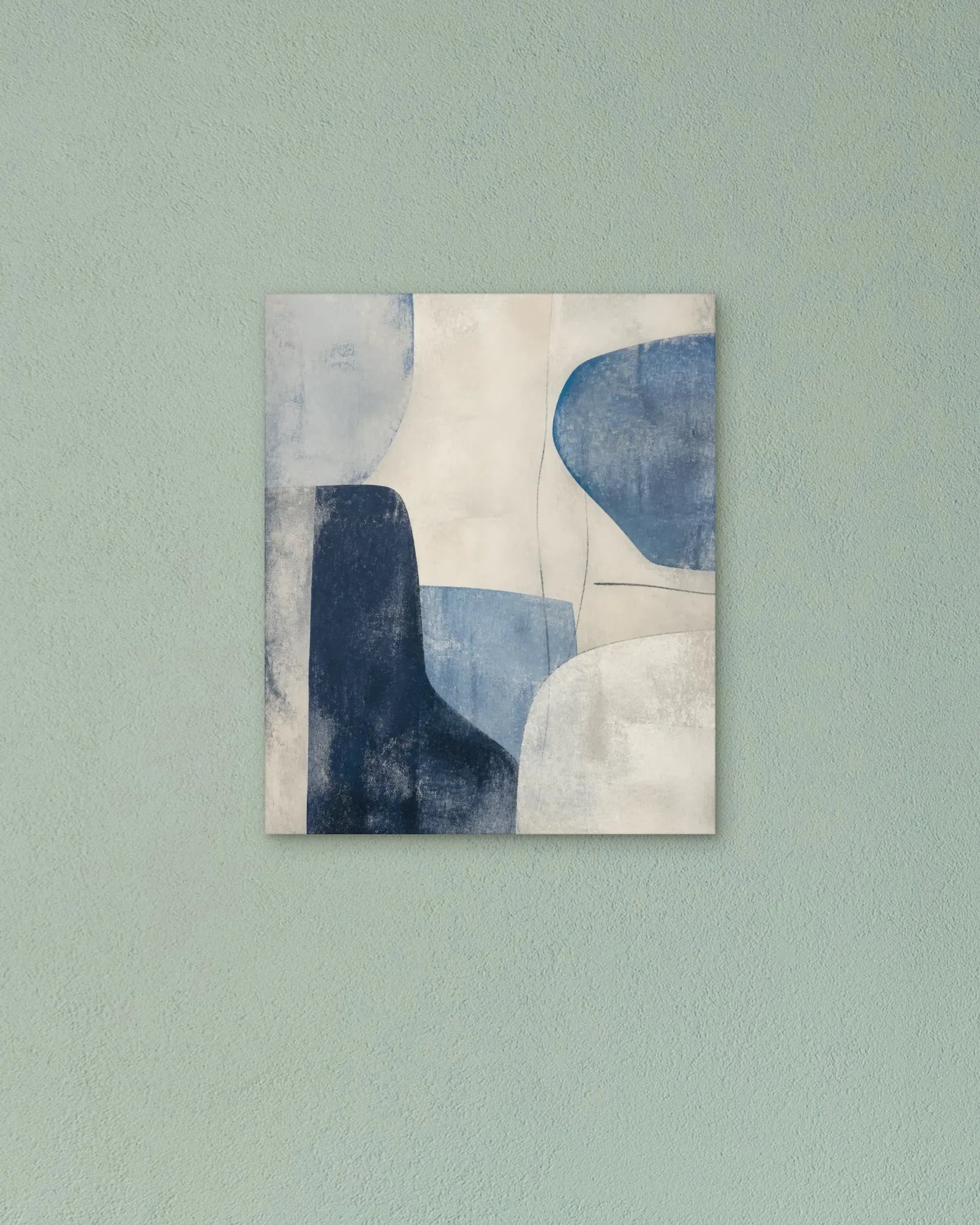 Patina Blue I indigo abstract print on a pale wall in soft daylight