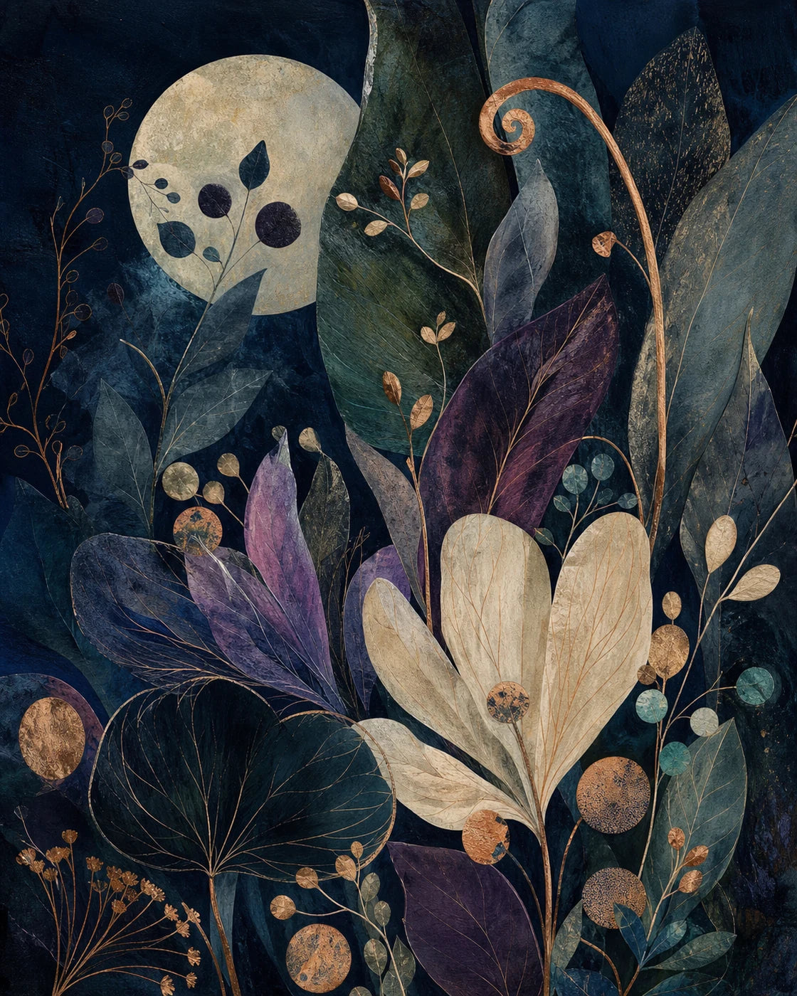 Dark botanical wall art with layered navy leaves, cream blooms, plum foliage, and copper details