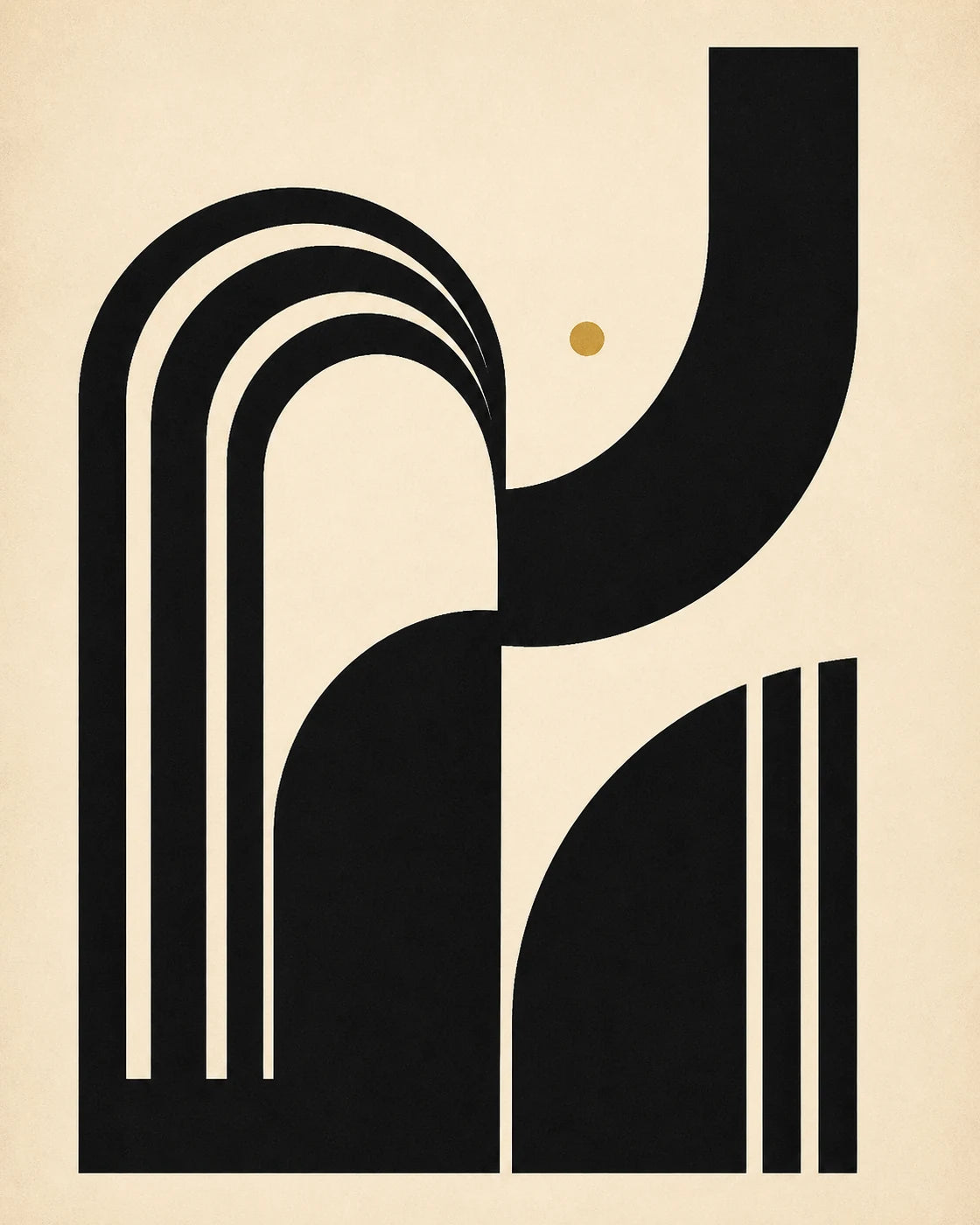 Neo-deco wall art with bold black curves and a muted brass accent on antique cream