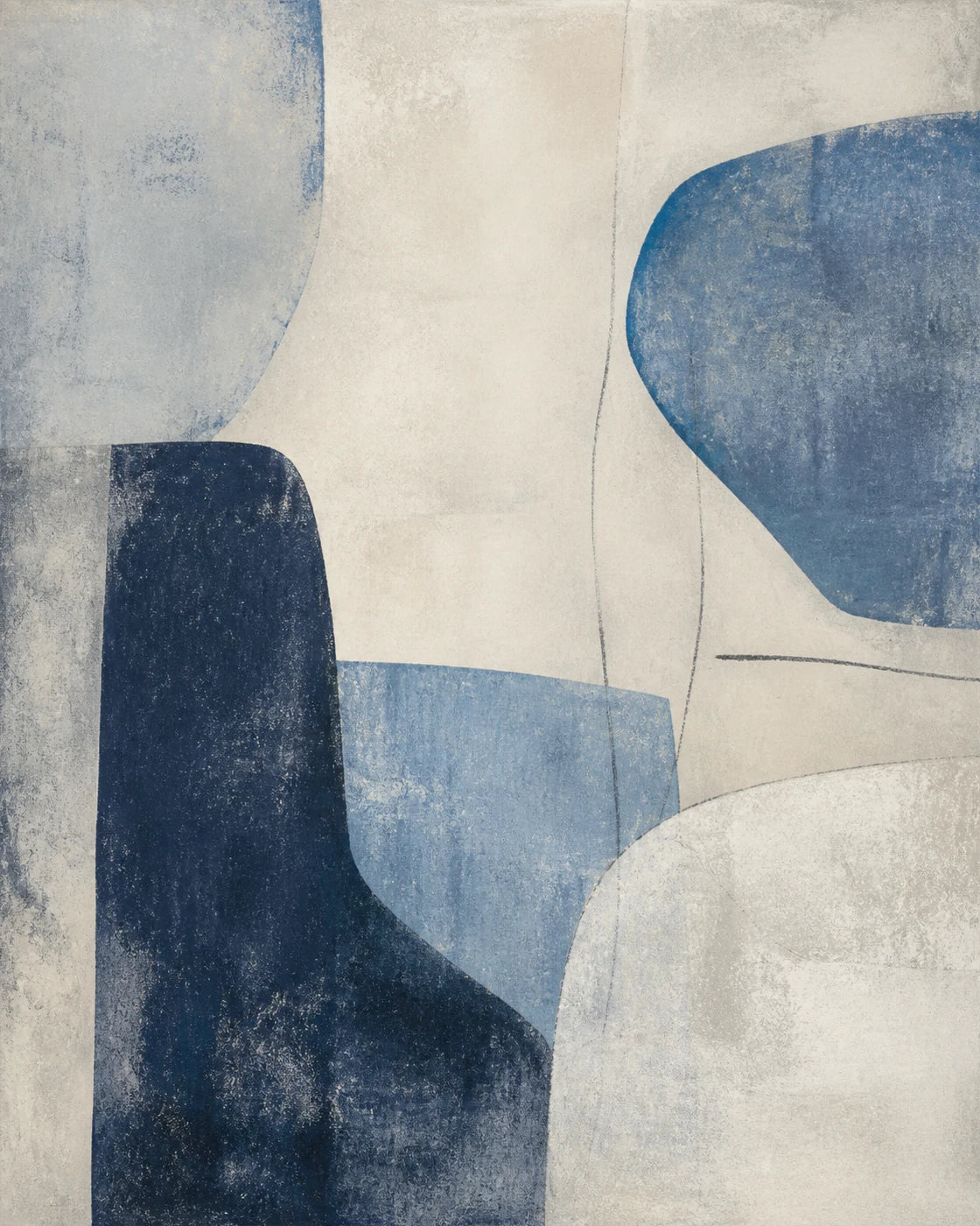 Abstract wall art with weathered indigo and mineral blue forms on chalk white