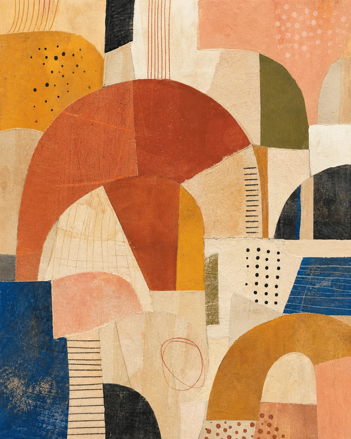 Warm abstract wall art with terracotta arches, ochre shapes, cobalt blocks, dots, and hand-drawn lines